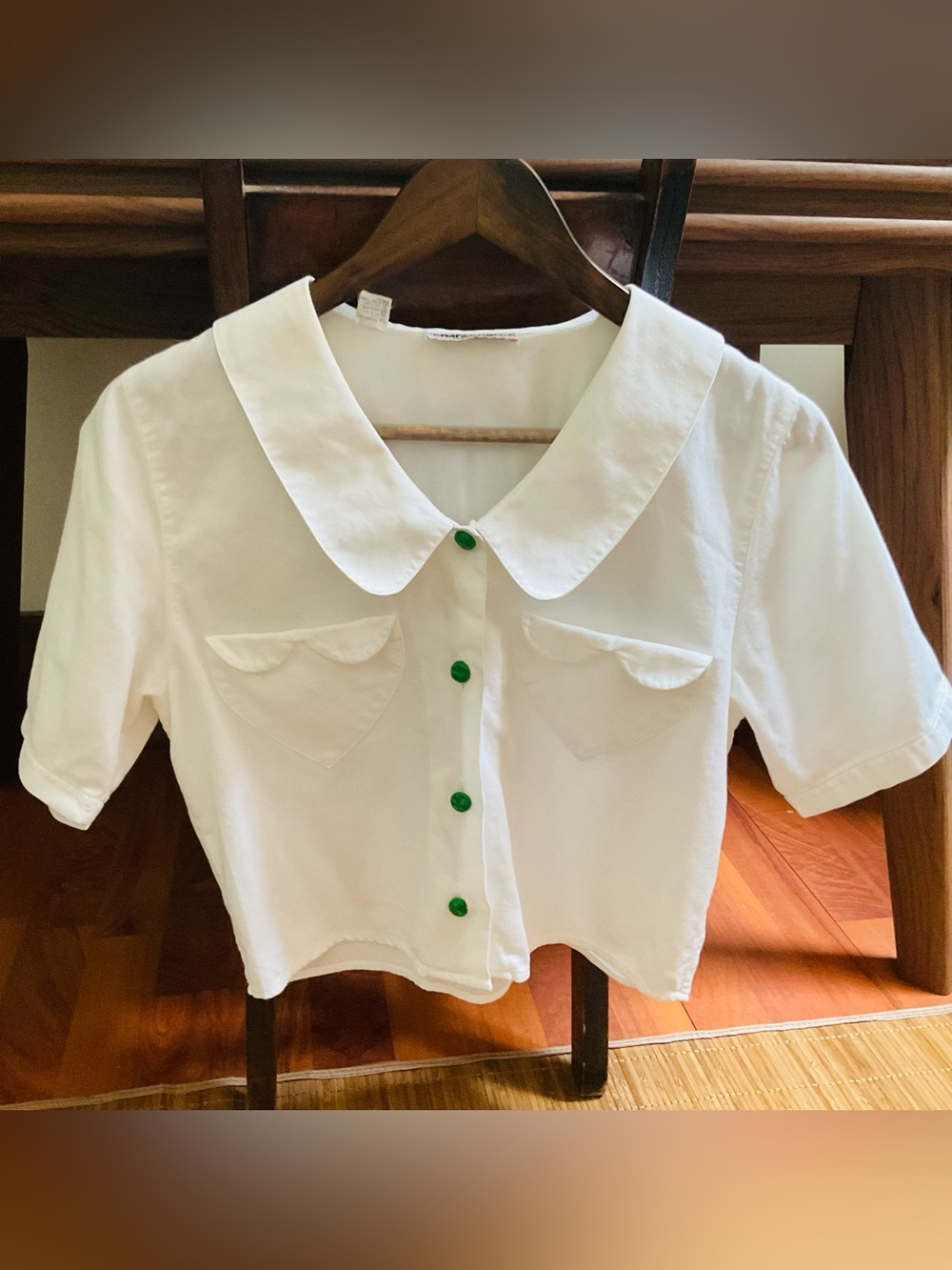 Vintage white cropped shirt with Peter Pan collar, size S, made in Italy